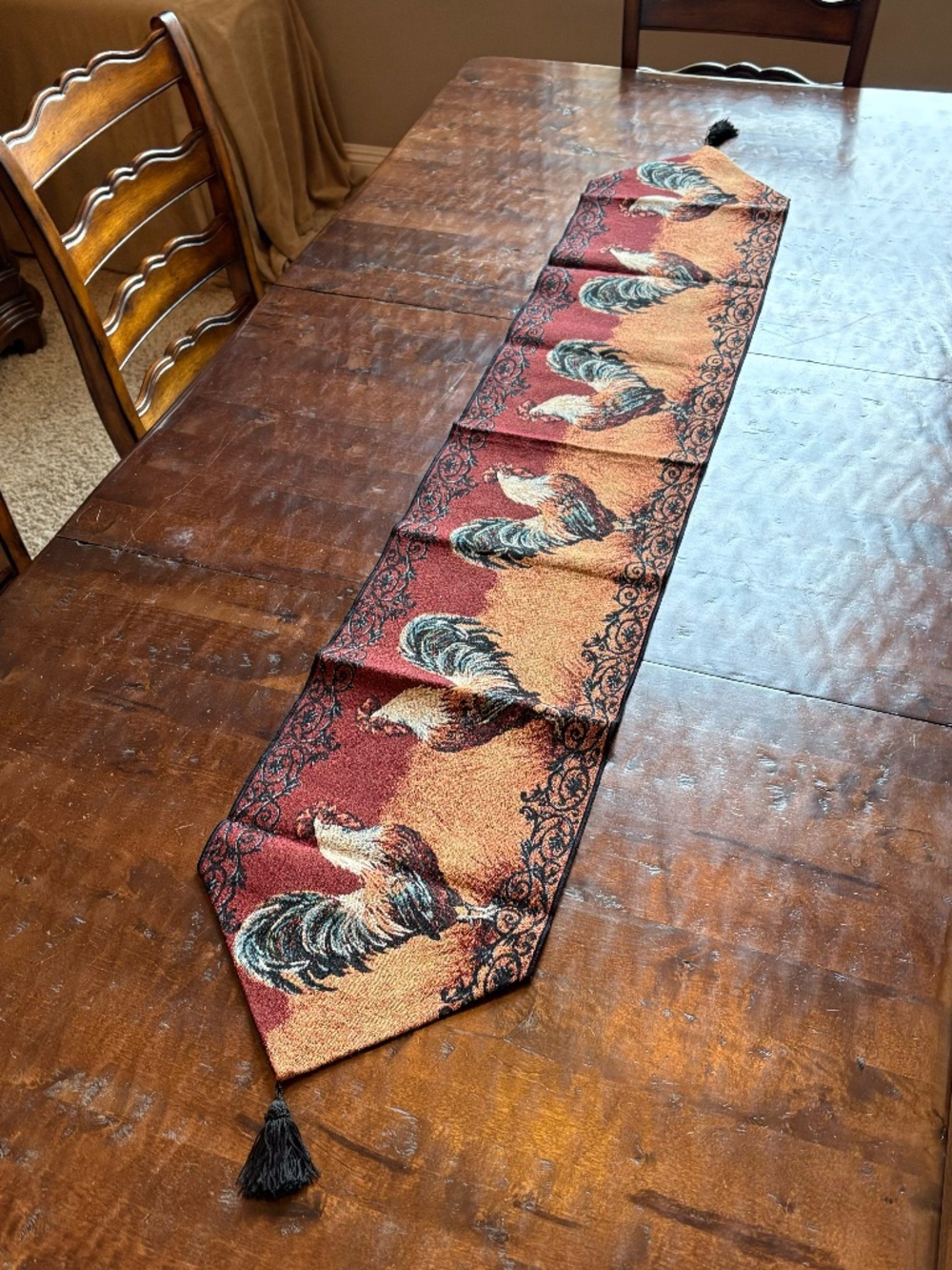 Vintage 13x70 Rooster Tapestry Table Runner Tassel French Country Farmhouse FALL